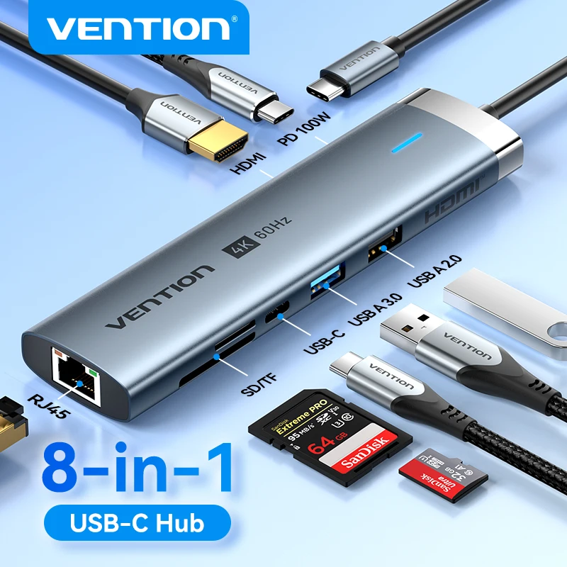 

Vention USB C HUB 4K 60Hz Type C to HDMI RJ45 Ethernet PD 100W SD TF for MacBook PC iPad Sumsang PC Tablet Phone 8-In-1 USB Hub