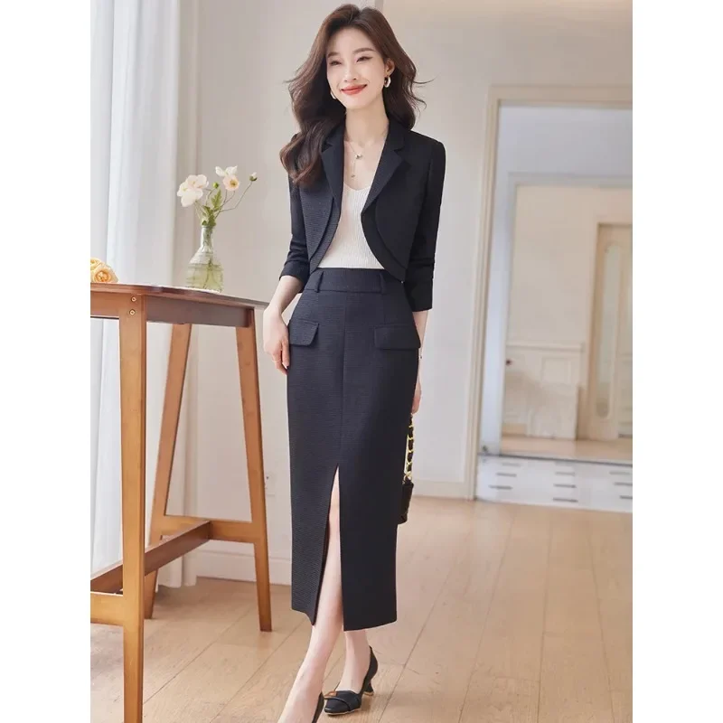 2023 Fashion Women Casual Jacket Skirt Suit Ladies Green Blue Beige Long Sleeve Female Blazer Two Piece Set For Autumn Winter