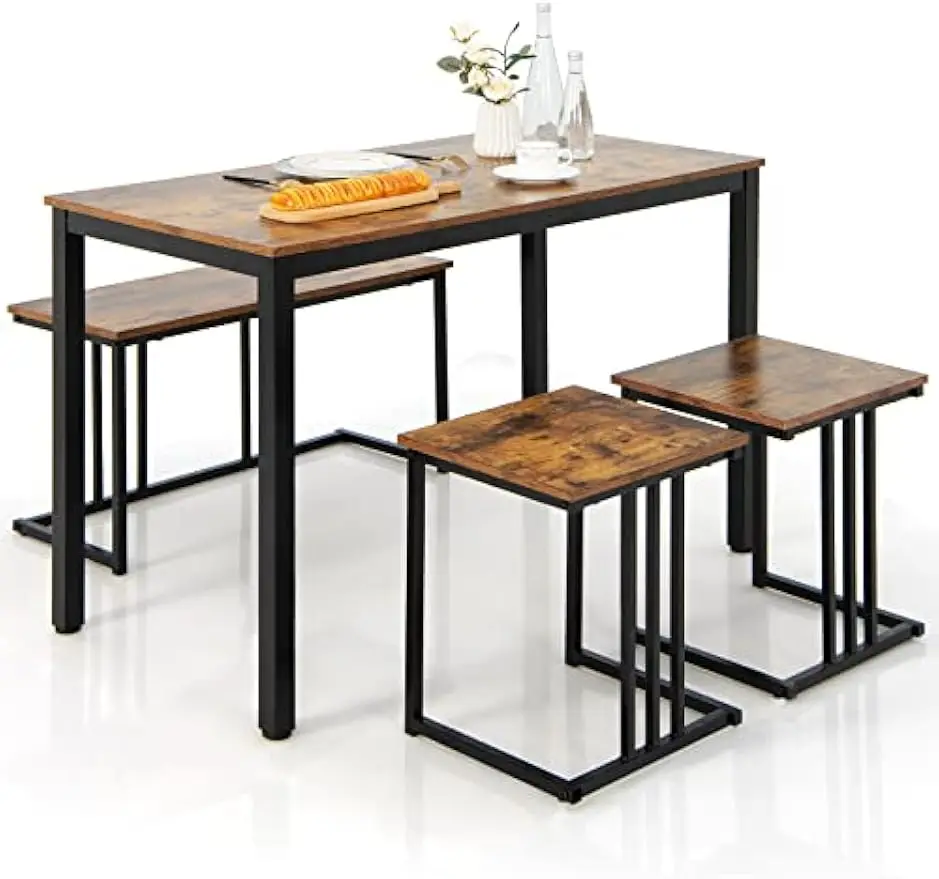 

4 Piece Dining Table Set, Kitchen Table and Chairs for 4, Nesting Furniture Set w/Bench & 2 Stools, Space-Saving Table S