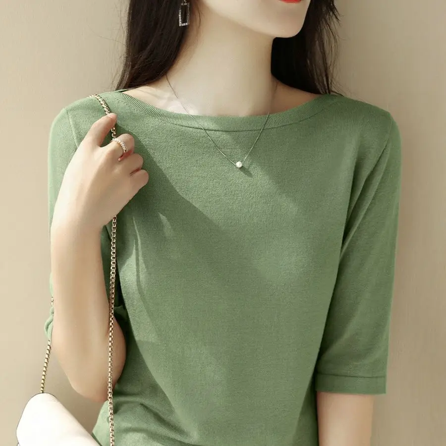 

Women's T Shirts 2024 New Women Fashionable Solid Color Slash Neck T-shirts half Sleeve Tops Tees Women Tops Summer L276