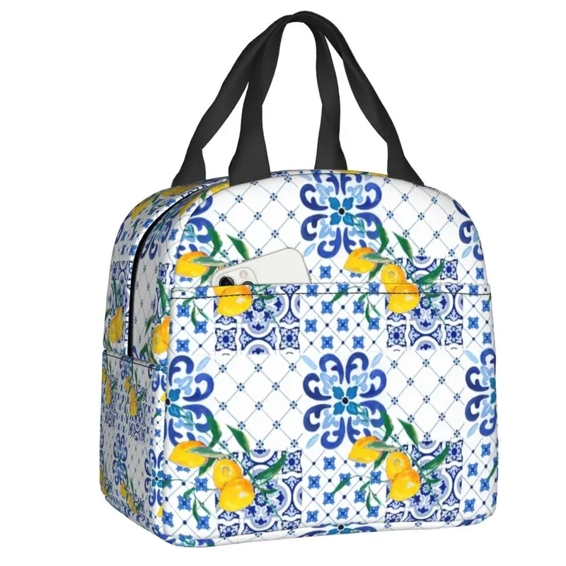 Custom Mediterranean Sicilian Tiles Lemons Citrus Insulated Lunch Bag for School Office Cooler Thermal Lunch Box Women Children