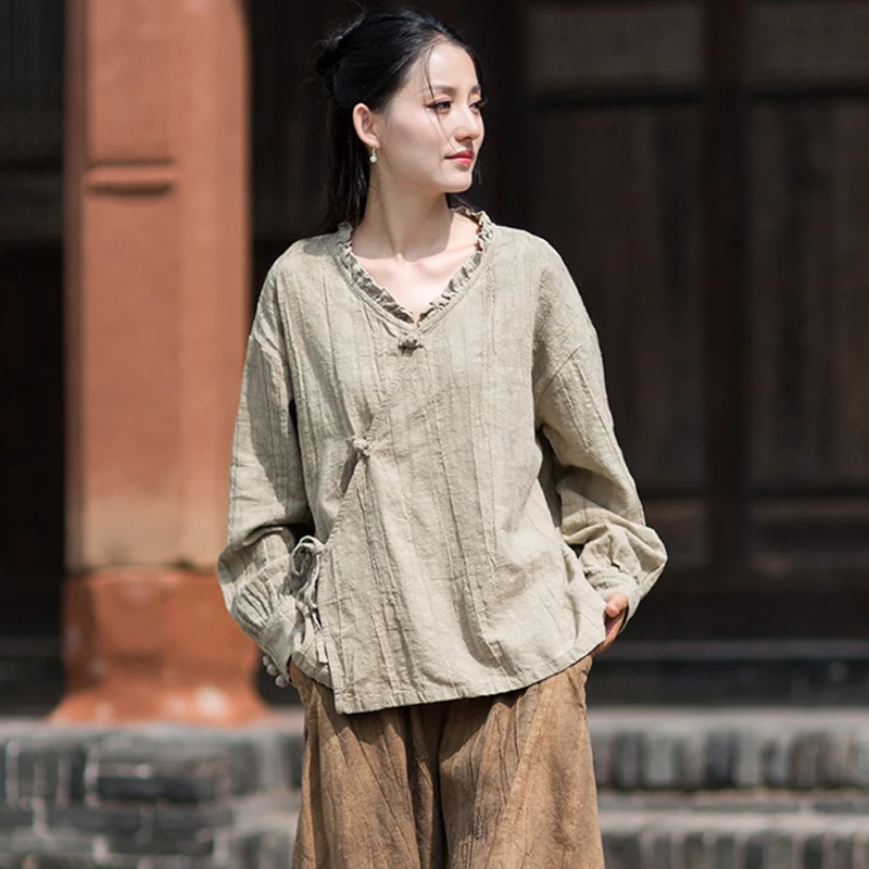 

Женская хлопково-льняная повседневная рубашка, Новое поступление, осень 2025 года, винтажные свободные женские топы с длинными рукавами в китайском стиле с v-образным вырезом M1990