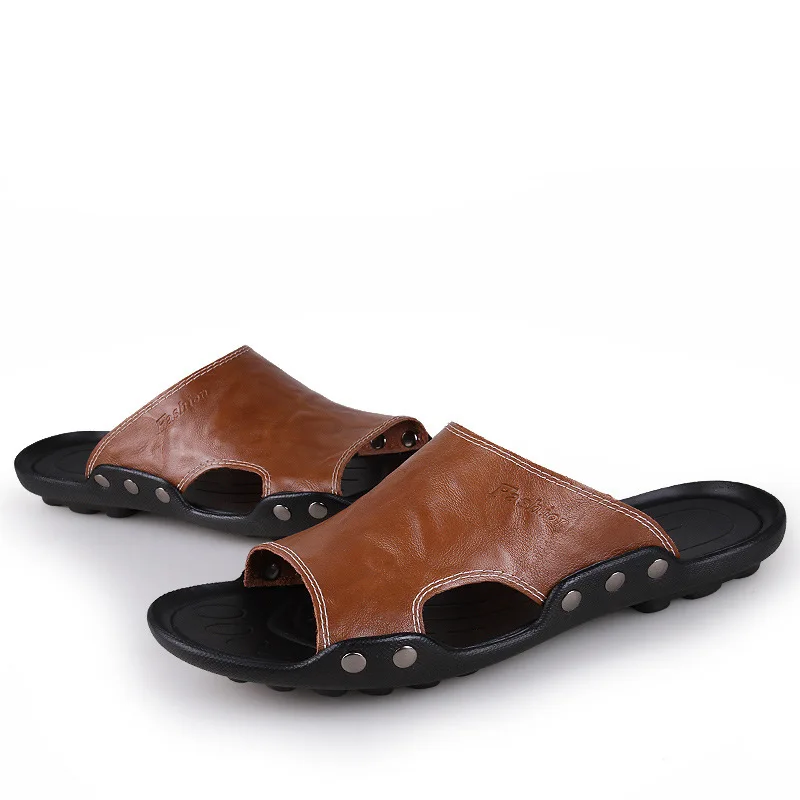 Big Size Men Slippers Summer Fashion Genuine Leather Casual Slides Street Fashion Beach Shoes Black Cow Leather Sandals