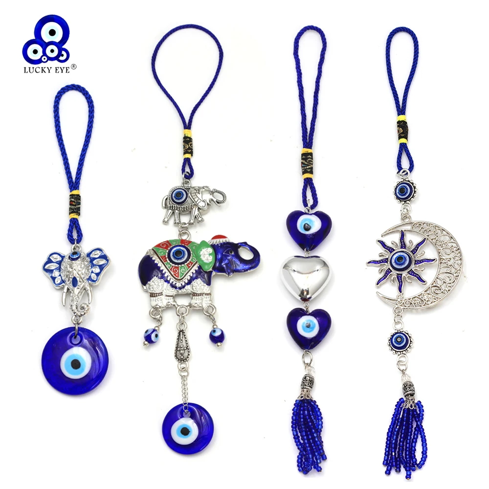 

Lucky Eye Elephant Moon Sun Heart Keychain Rope Chain Blue Turkish Evil Eye Key Chain Bag Car Keyring for Women Men Jewelry