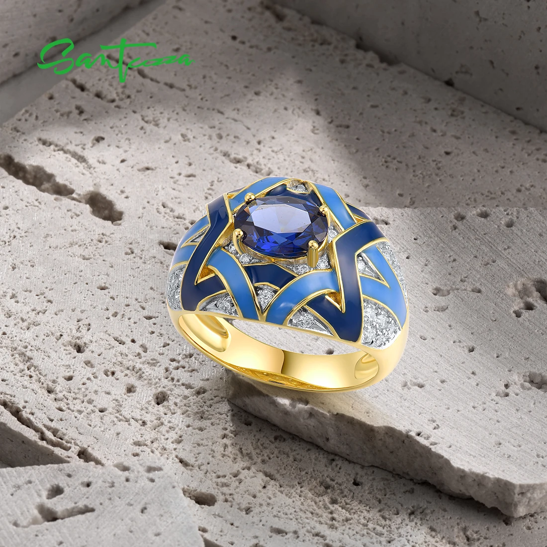 SANTUZZA Pure 925 Sterling Silver Rings For Women Sparkling Blue Spinel Grand Enamel Unique Party Wedding Gifts Fine Jewelry