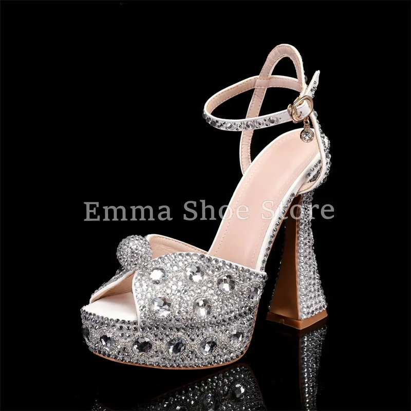 

Summer Women's Open Toe Platform Sandals Diamond Decoration Handmade Thick Heel Pumps Pearl Buckle Formal Wedding Dress Shoes