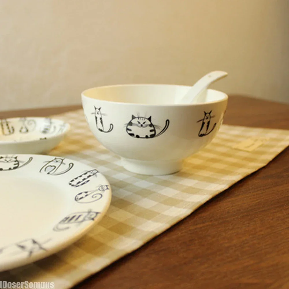 

Cute Ceramic Cartoon Cat Plate Cups and Saucers Unique Breakfast Bowl Dessert Plate Dinnerware Tray Japenese Kitchen Accessories