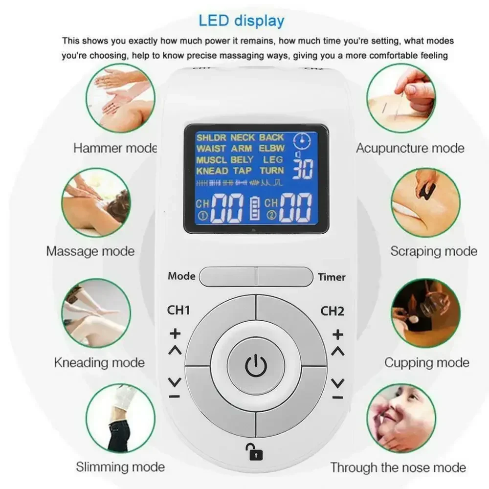 

12 Modes Electric Stimulation Tens Machine Unit 4 Electrodes Pads Pain Relief Digital Therapy Massager EMS Electroestimulador
