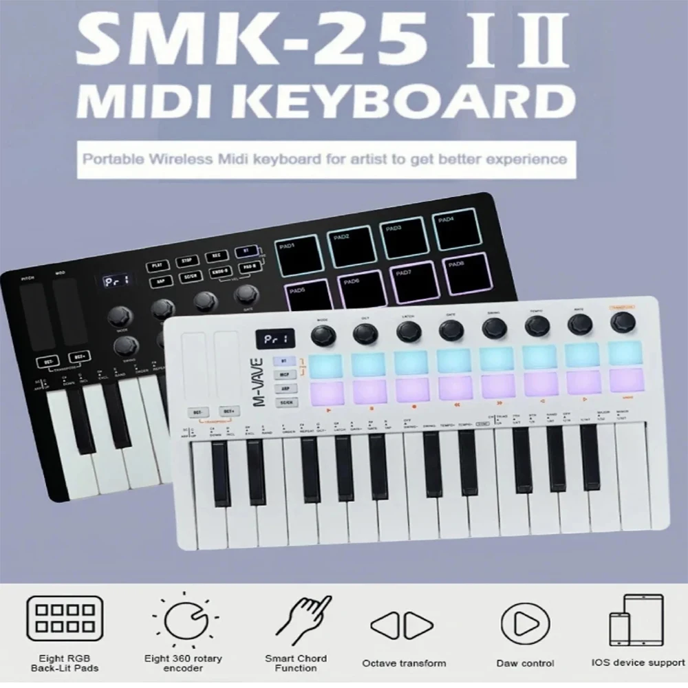 M-VAVE SMK-25 II MIDI Pad Controller Keyboard USB Mini 25 Key، 16 RGB Drum Pads، 8 مقابض وإنتاج الموسيقى، وشملت البرنامج