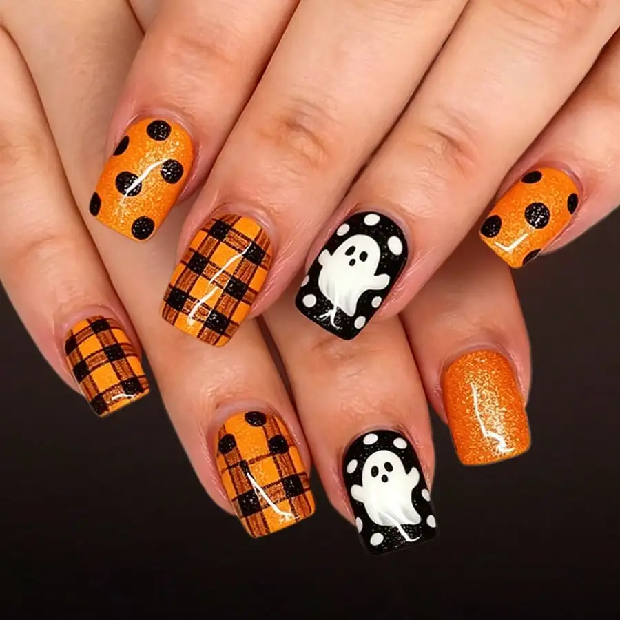 24Pcs Short Glossy Square False Nails, European And American Style, Halloween Orange And Black Checkered Polka Dot Ghost Glitter Press-On Nails, Anniversary Gift, Perfect Gift For Women, Birthday Gift, Holiday Gift