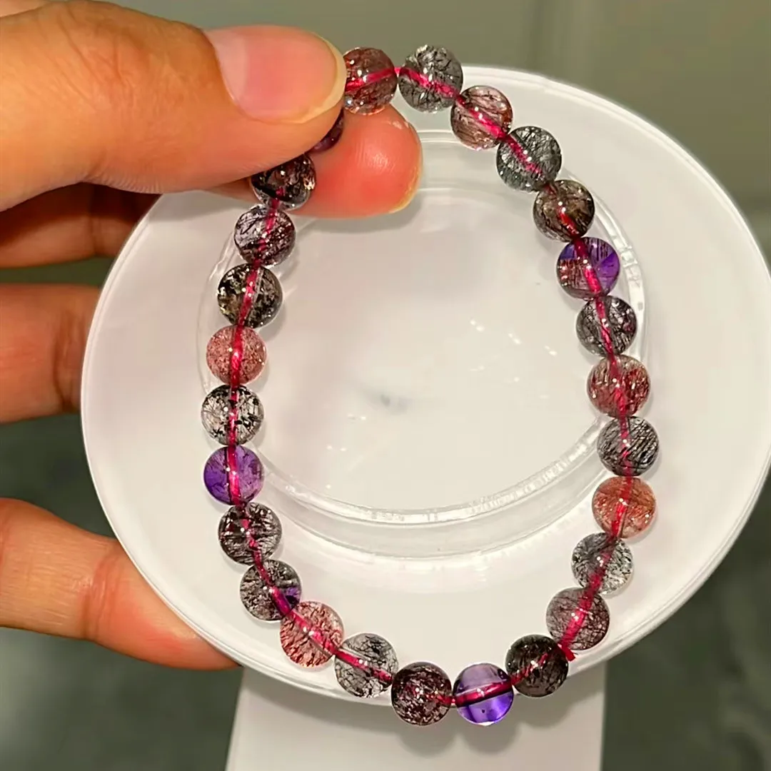 

Natural Colorful Super Seven 7 Lepidocrocite Quartz Bracelet 6.8mm Purple Rutilated Clear Round Beads Crystal Women Men AAAAAAA