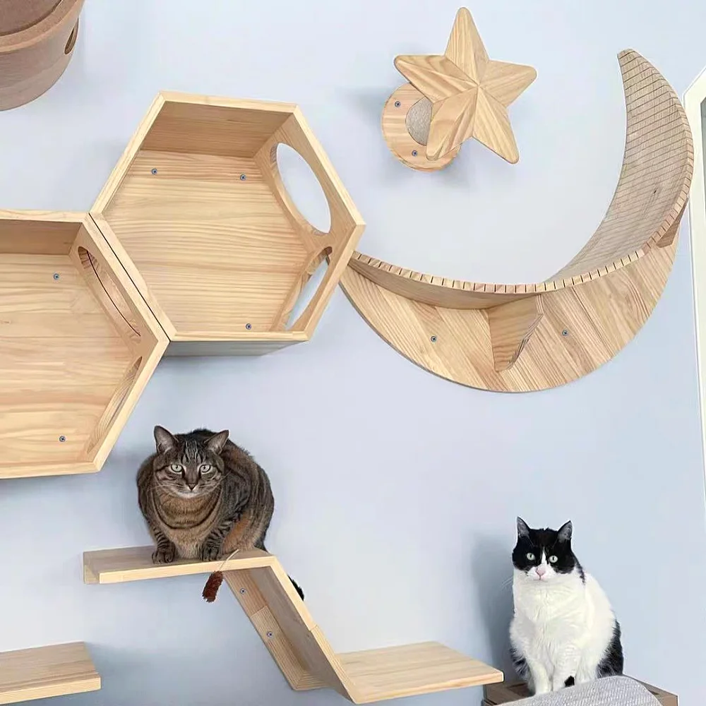 

Cat Tree Tower Wall Mounted Cat Climbing Shelves Scratcher Hammock with Jumping Platform Pedal Indoor Cats Gym Toy Accessories