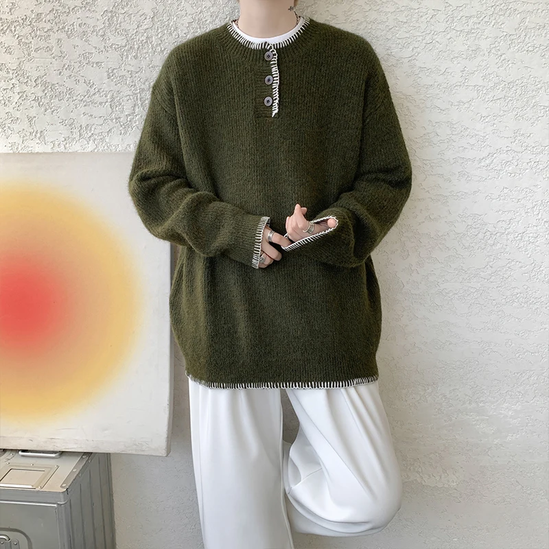 الشتاء الأخضر سترة الرجال الدافئة الأسود بلوفر مغزول الرجال الشارع الشهير الكورية فضفاضة طويلة الأكمام سترة رجالي البلوز الملابس #2