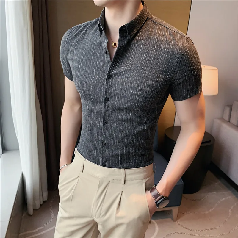 

Plus Size 4XL-M Summer Mens Dark Striped Shirts Short Sleeve Fashion 2022 Korean Slim Casual Business Formal Wear Dress Blouse