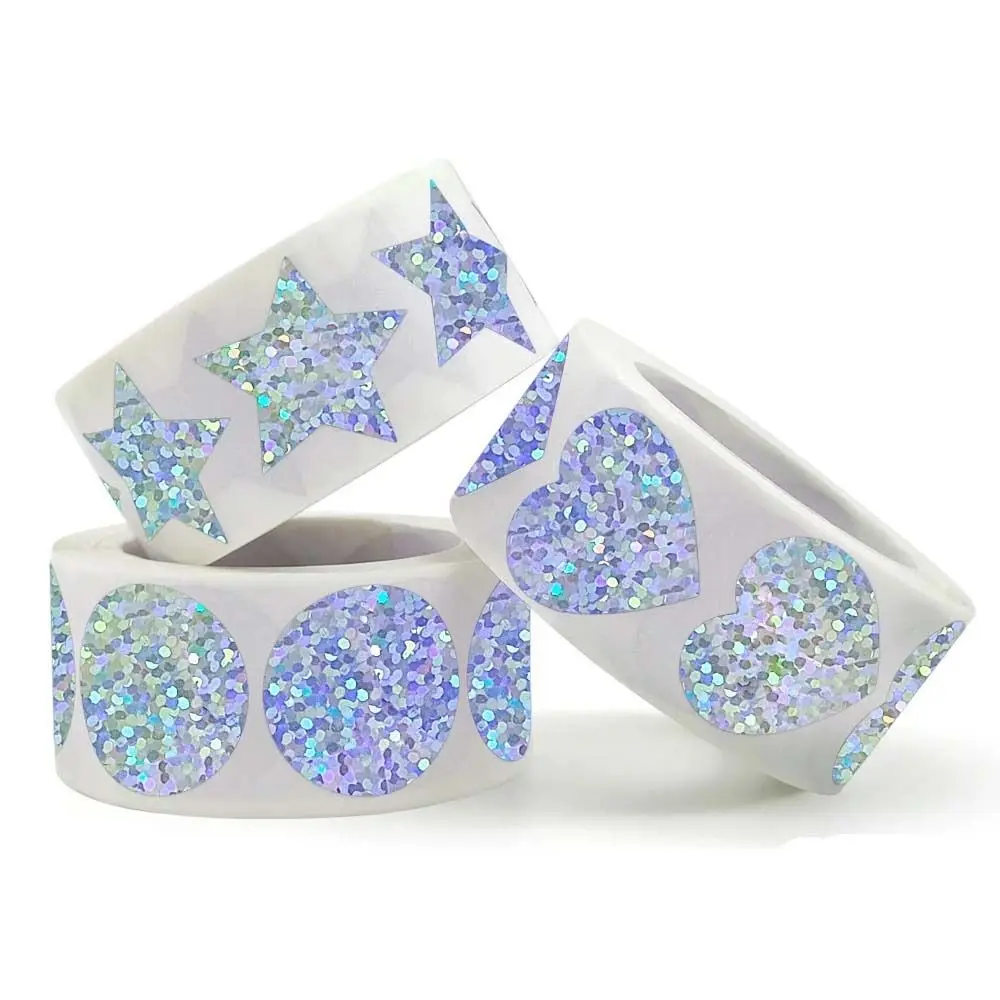 

500PCS Exquisite Laser Love Heart Stars Round Stickers Blank Handmade Reward Sticker 1inch Self-adhesive Sealing Label