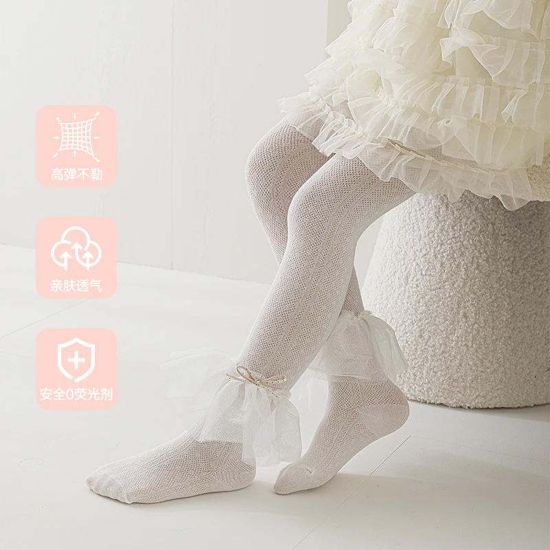 Children Polka Dot Bow Anti-Mosquito Mesh Footed Tights Large Lace Frill Trim Breathable Soft Stretchy Durable Lovely Pantyhose