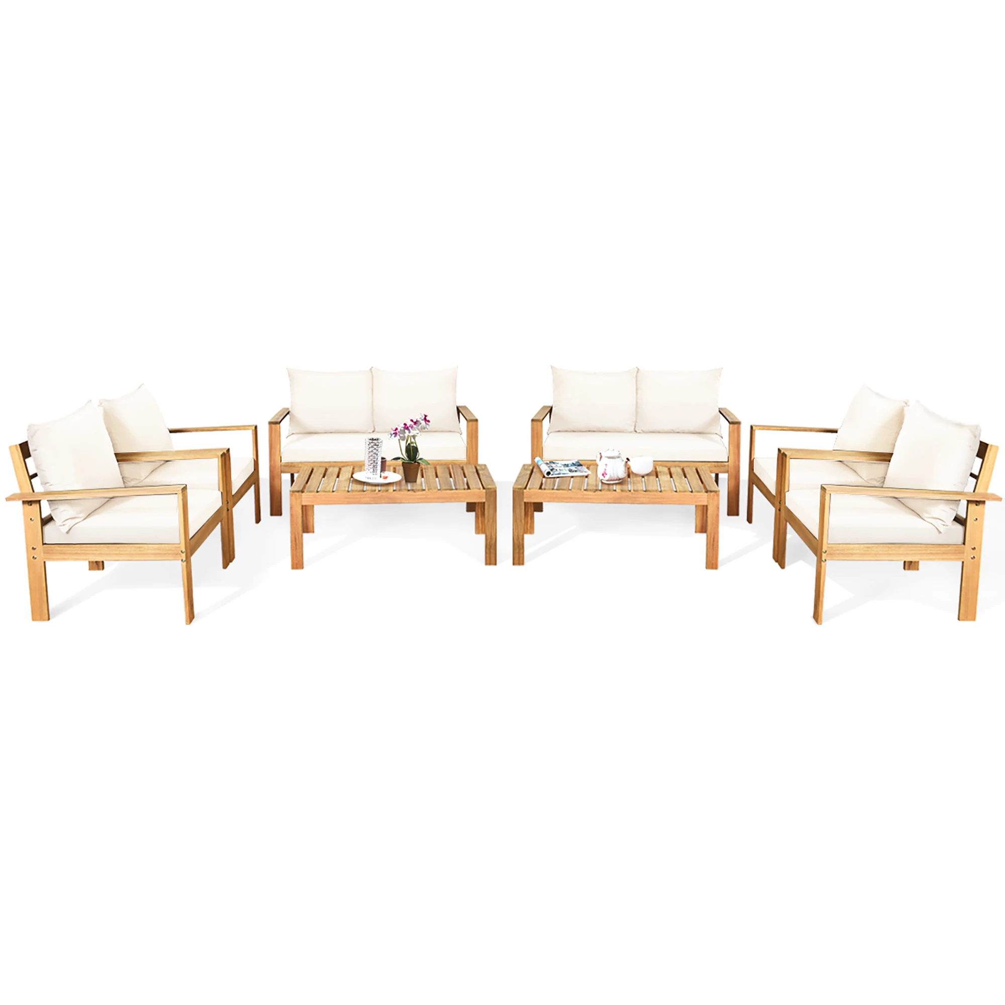 8PCS Patio Furniture Set Acacia Wood Thick Cushion Loveseat Sofa Off White