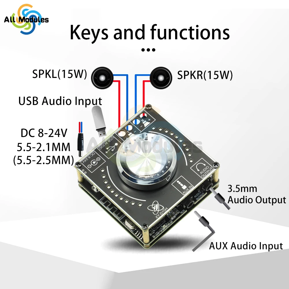 XY-D15H DC8-24V Stereo BT Audio Amplifier Board Module Digital Amplifier With Spectral Volume 2X10W/15W/20W
