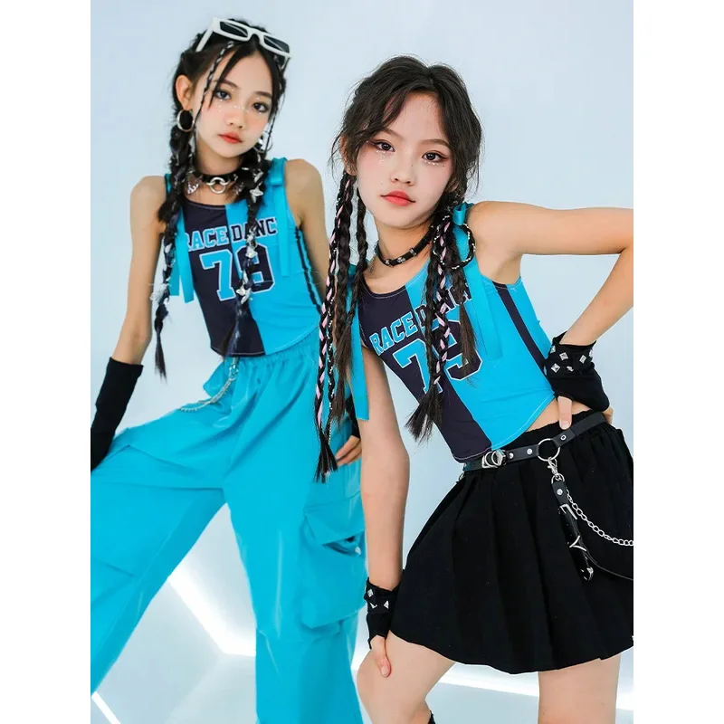 الفتيات Kpop ملابس رقص الجاز زي الاطفال الأزرق سترة السراويل تنورة باردة الهيب هوب الملابس المراهقين الحفل مرحلة الأداء الدعاوى
