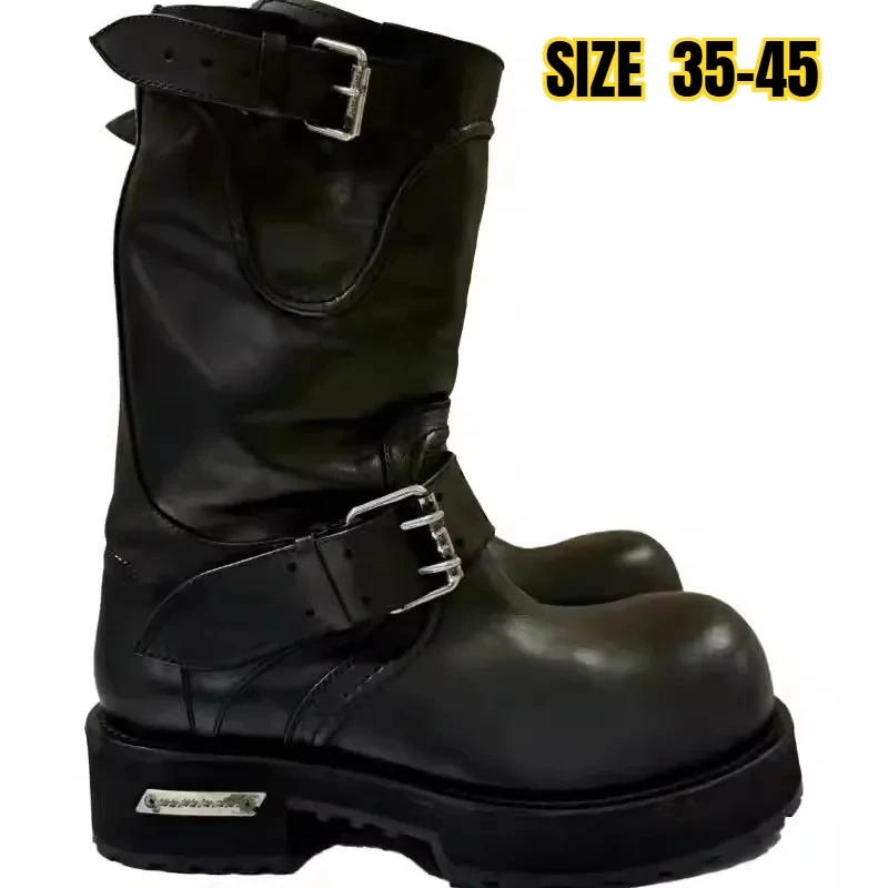 stivali-neri-stile-streetwear-con-punta-rotonda-plateau-tacco-medio-grosso-cerniera-laterale-design-con-fibbia-grande-botas-de-motociclista