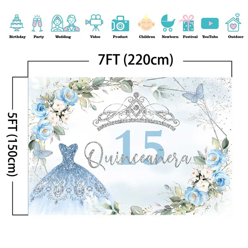 성인식 15 번째 생일 배경, 15 번째 생일 파티 장식, 블루 실버 꽃 왕관, 나비 배너 사진 배경