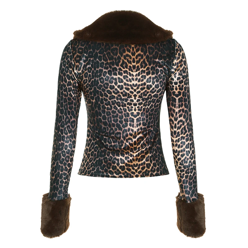 Sweetown Autumn Winter Warm Faux Fur Collar Women’s Coat Leopard Spliced Button High Streetwear Chic Trendy Cloths