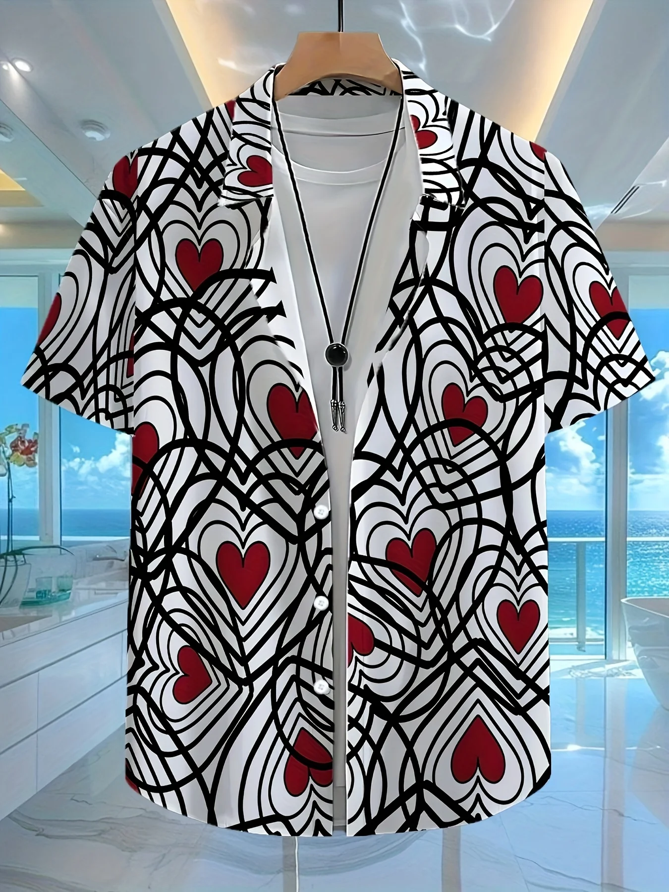 

Summer Men's Shirt, Black and White Stripes, Red Heart 3D All-over Print, Short-sleeved Shirt, Relaxed Fit, Quick-drying Shirt