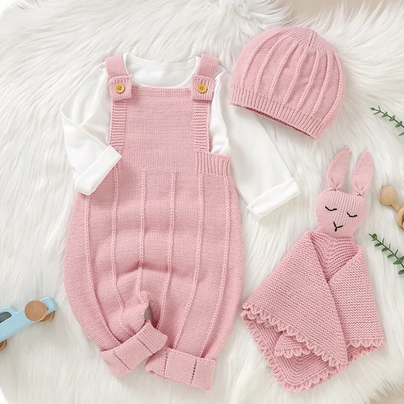 Tute per neonati cappelli coperte di sicurezza completi 3 pezzi set indossare neonate pagliaccetti vestiti 0-18m rosa senza maniche a maglia