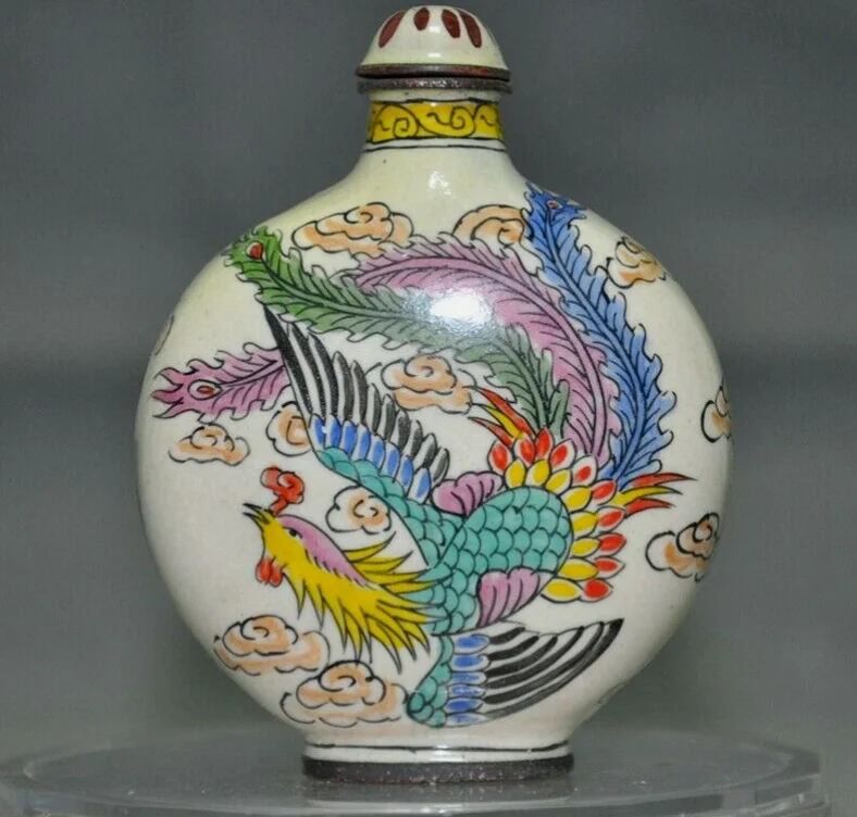 China bronze Cloisonne carved animal loong dragon Phoenix Bird snuff bottle