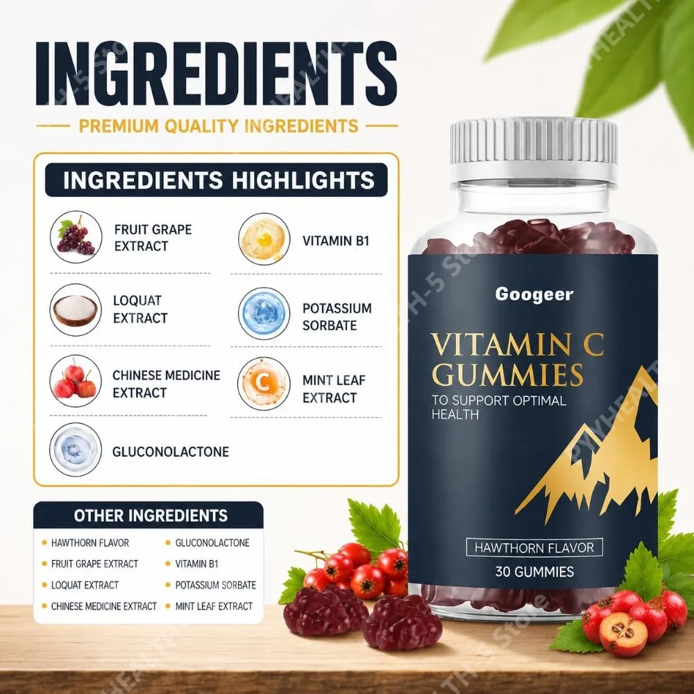 Googcer Vitamin C Gummies Hawthorn Flavor with Supports Optimal Health Portable Ready-to-Eat Quick Release Daily 30 Gummies