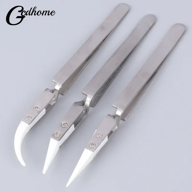 

Anti-Static Reverse Ceramic Tweezers Stainless Steel Electronic Heat Resistant Conductive Curved Straight Tweezers