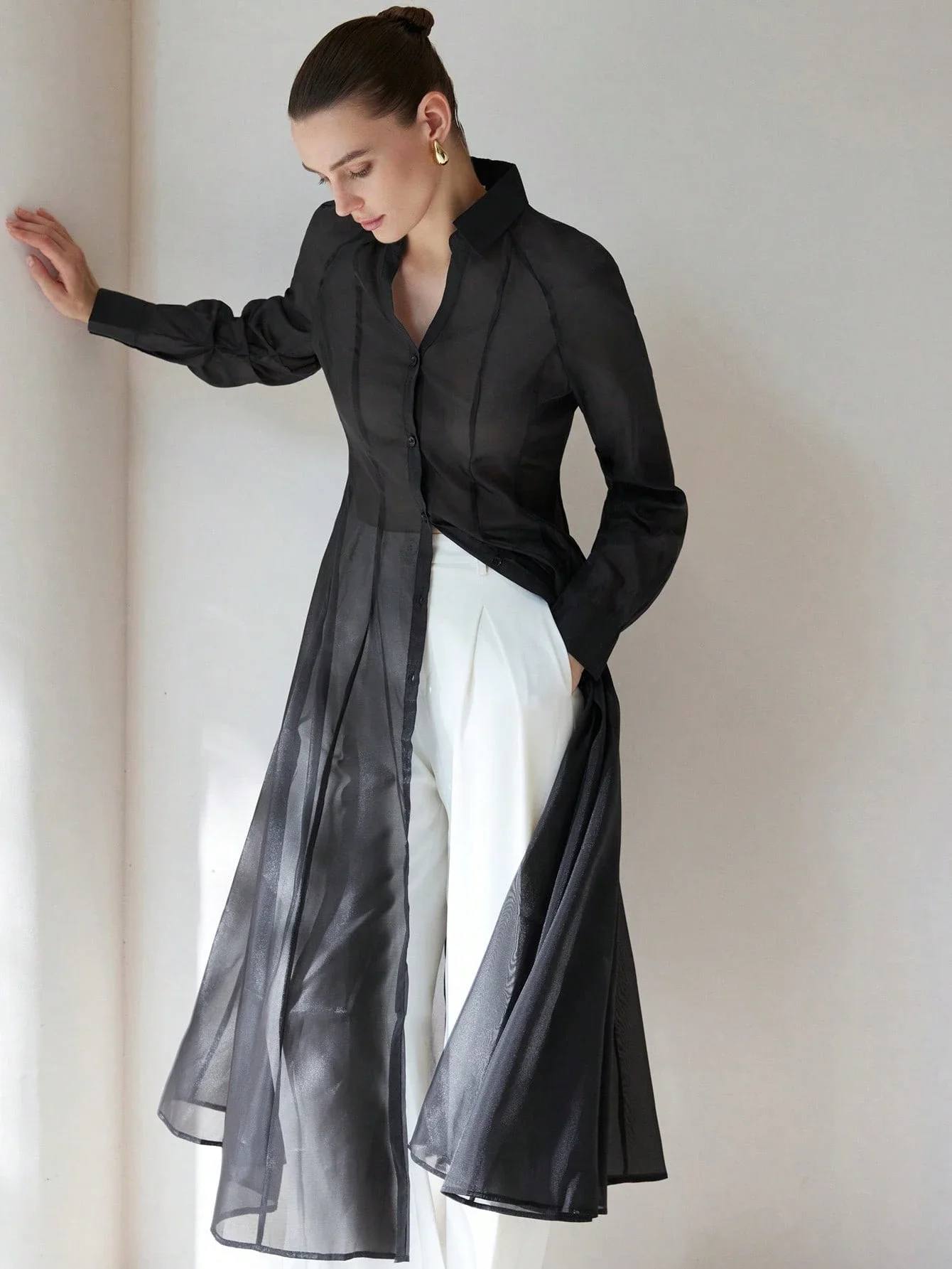 

Elegant Translucent Chiffon V-Neck Long Sleeve Shirtdress With Puff Sleeves A-Line Flare Skirt For Women