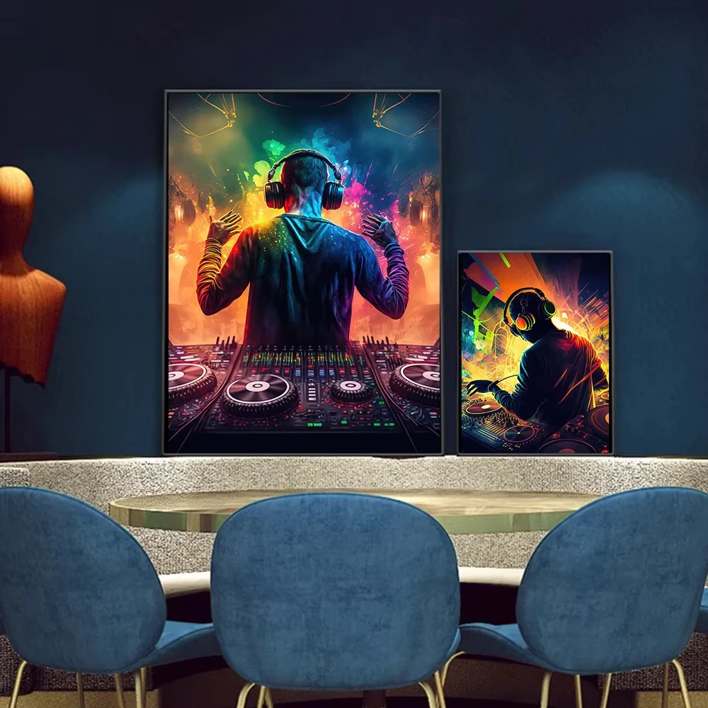 Neon Art Cool Music DJ With Headphone Poster Prints For Living Room Home Decor Cyberpun Mask Man Canvas Painting Wall Art NO LED