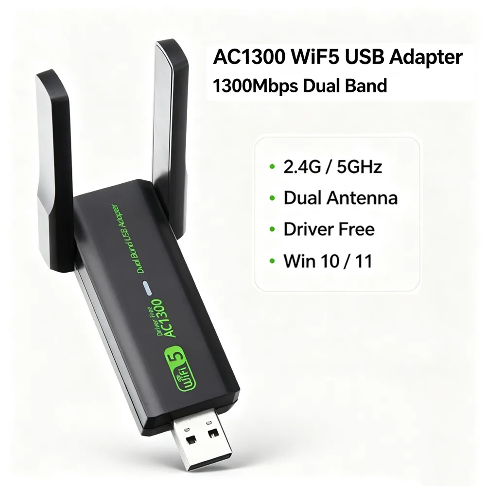 AC1300 WiFi5 USB Wireless Adapter 1300Mbps Dual Band 2.4G&5GHz Dual Antenna WiFi Dongle Driver Free Network Card For Win10 Win11