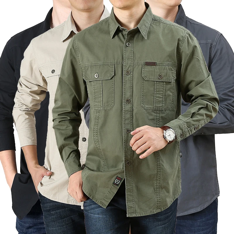 Men\'s Work Shirt Outdoor Casual Long Sleeve Loose Pocket Buttoned Lapel Shirt Fashion Solid Color Military Army Tactical Shirt