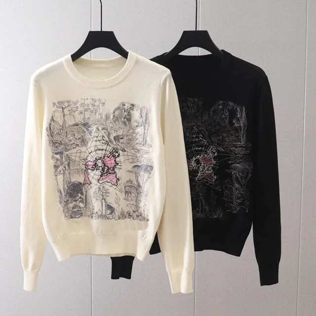 Five pointed Star Animal Map Embroidery sweaters women Long Sleeve Knitted Sweater dis5