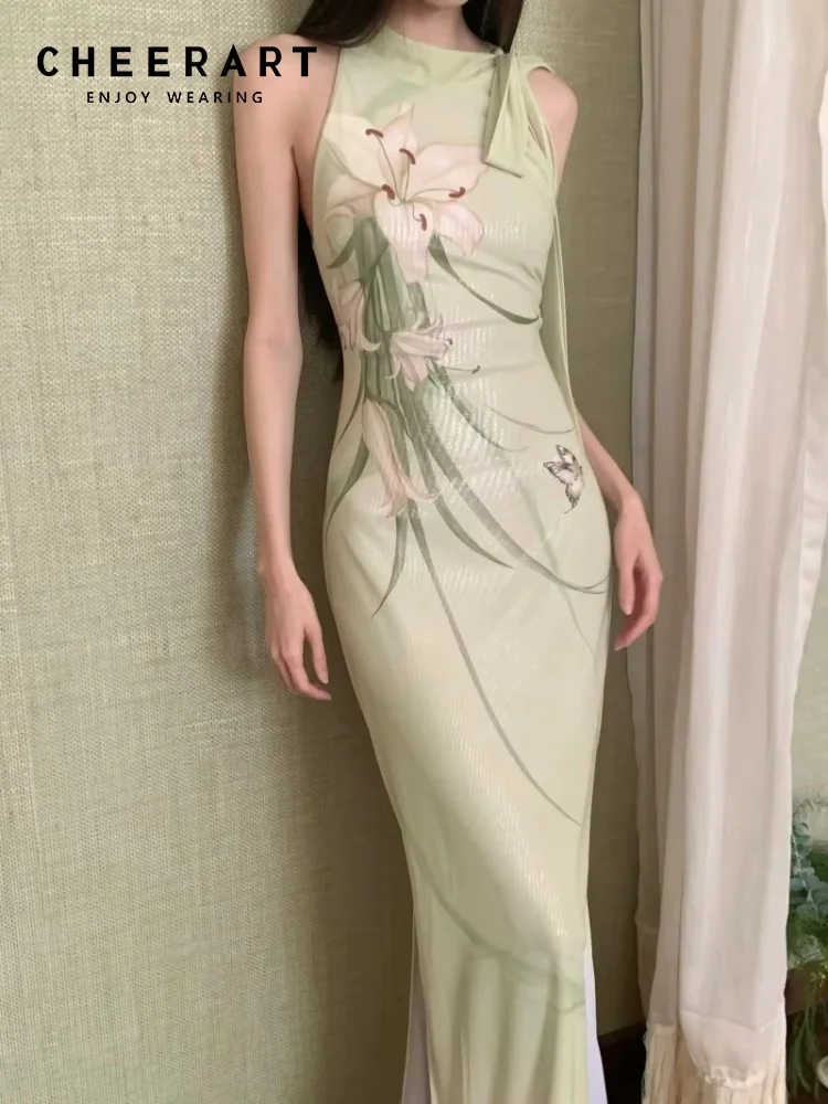 CHEERART Glitzernde Mintgrüne Ärmellose Sommer-Maxikleider für Damen 2026 – Elegantes, figurbetontes Maxikleid mit Blumenmuster und seitlichem Schlitz