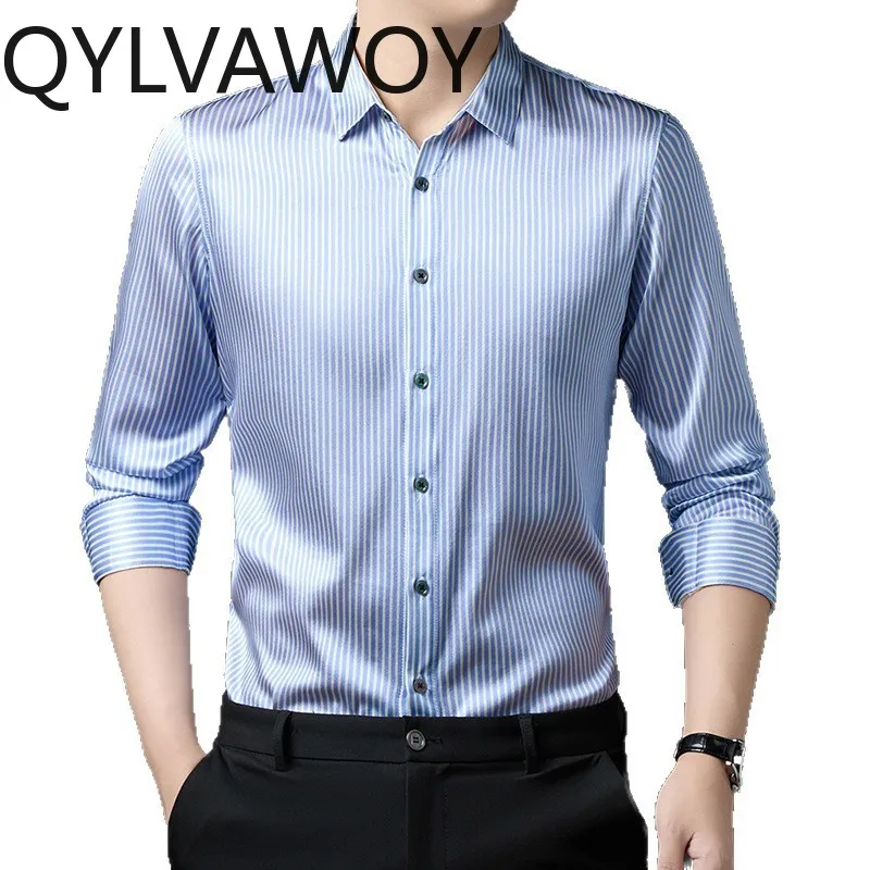 

QYLVAWOY Мужские рубашки из 90,8% натурального шелка тутового шелкопряда, весенне-осенние тонкие топы с длинными рукавами, высококачественные рубашки с отложным воротником в полоску для мужчин