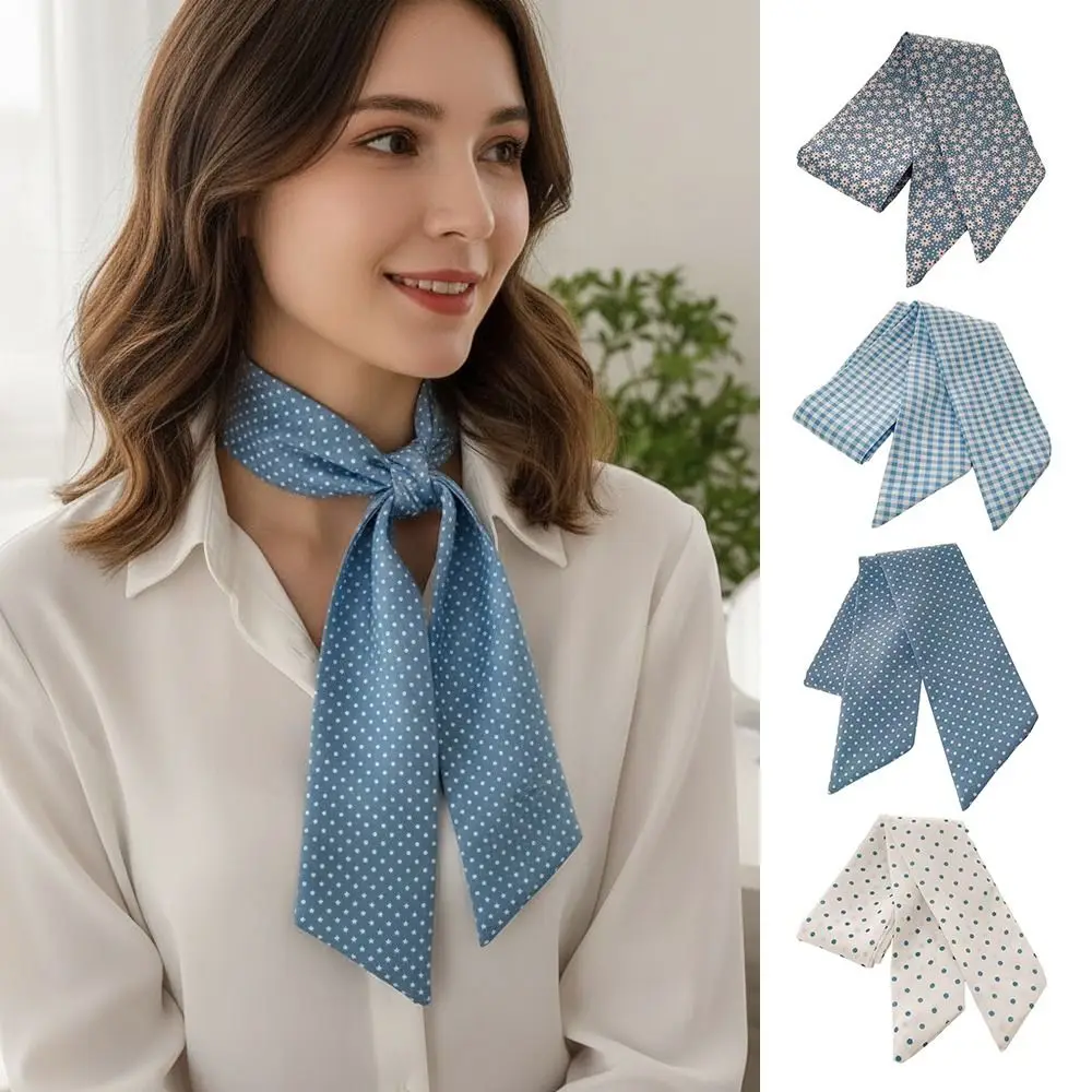 

Light Blue Series Polka Dot Hair Band Flower Plaid Plaid Pattern Plaid Neckerchief Thin Long Neck Scarves Hair Accessories
