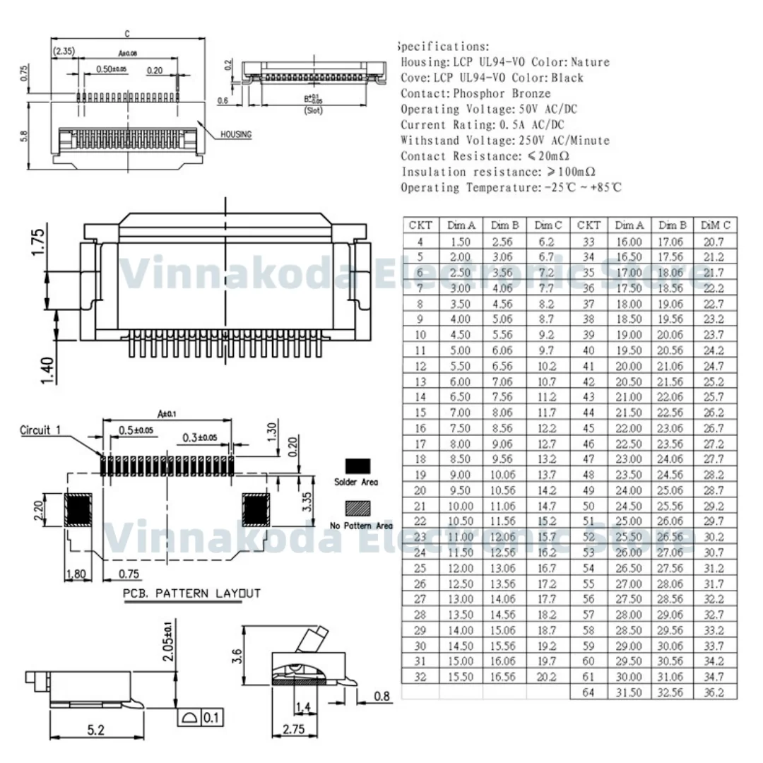 10PCS FPC/FFC Connector Cover Under Contact Flat Connector 0.5MM 4/6/8/10/12/14/16/18/20/22/24/26/28/30/32/34/36/40/50/60P
