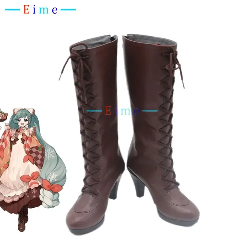 Snow Mikuu Brown High Heel Cosplay Shoes Halloween Carnival Boots Anime PU Leather Shoes Custom Made