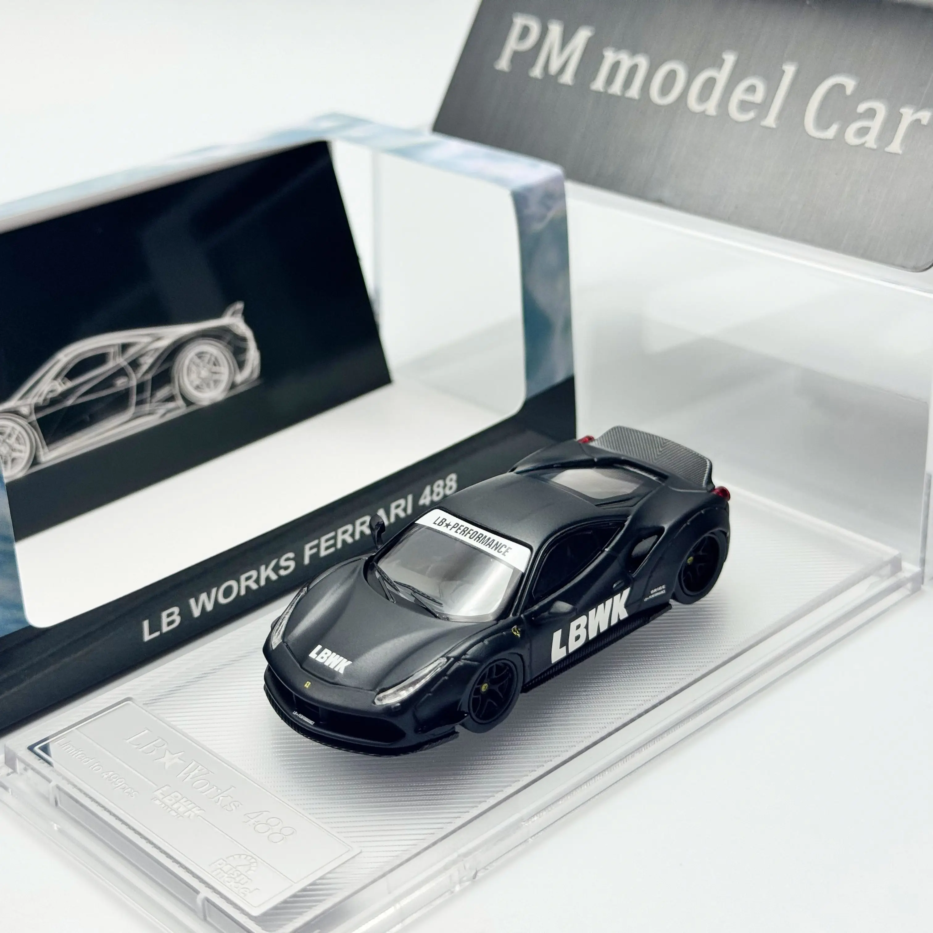 PM 1:64 Prancing Horse 488 LBWK Supercar Black Alloy Diecast Model Car Collectible