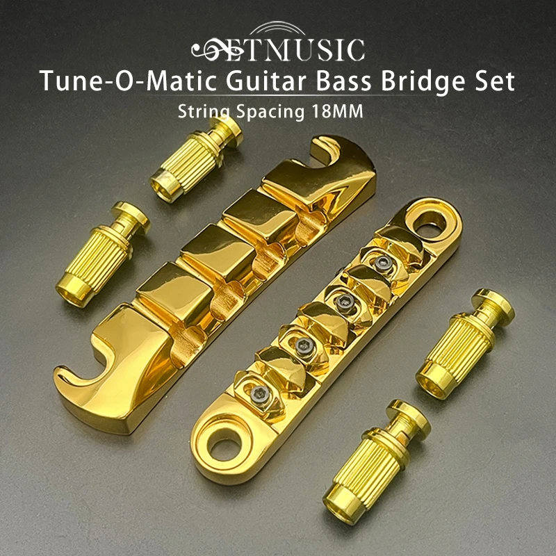 Set of Tune-O-Matic Guitar Bass Bridge with Locking Saddle and 4 Height adjustable Pots String Spacing 18MM Black/Gold/Silver