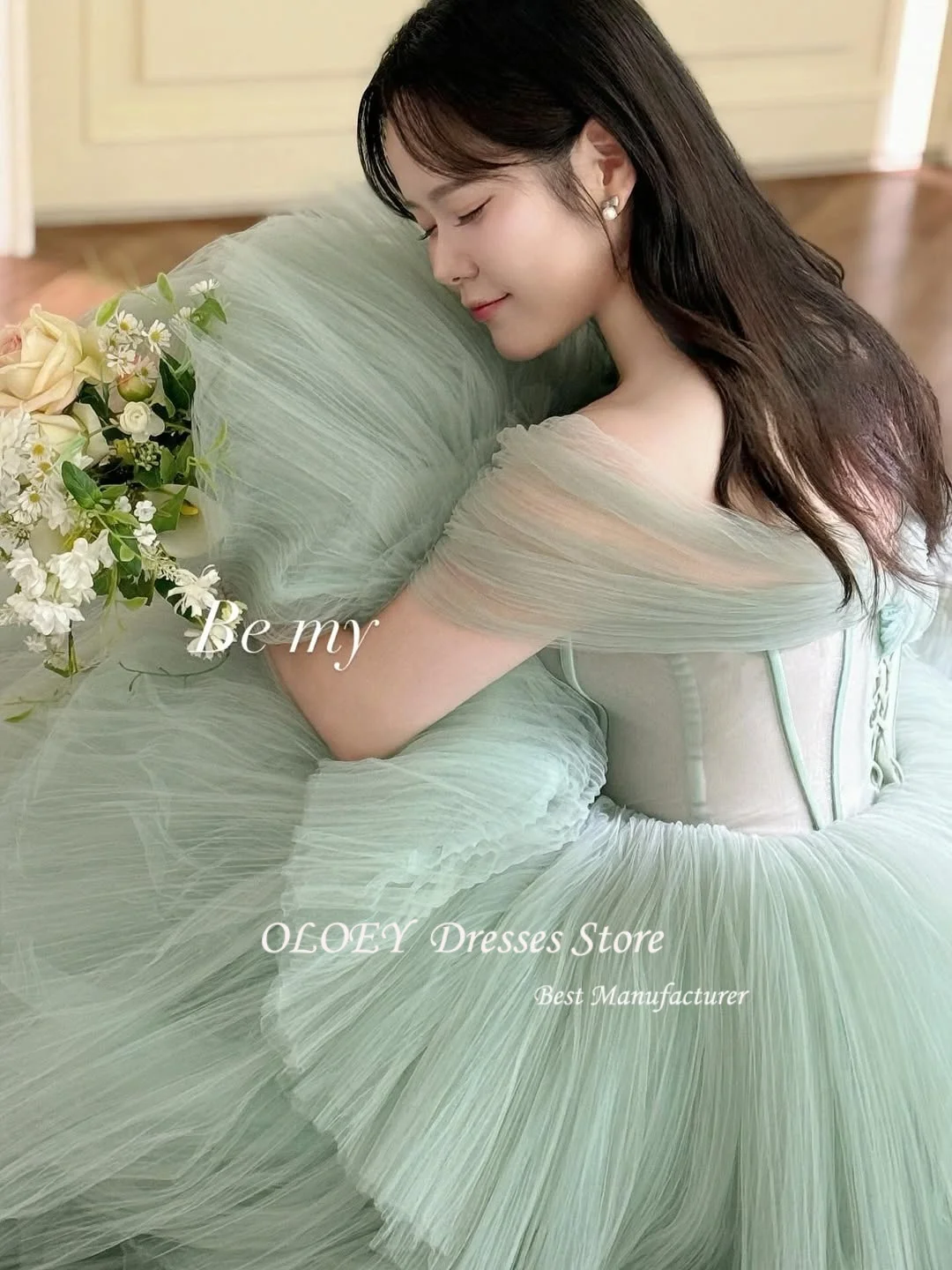OLOEY Luxury Tulle Green Puffy Wedding Party Korea Photo Shoot Dress Off Shoulder Long Tiered Bridal Corset Evening Dress Custom