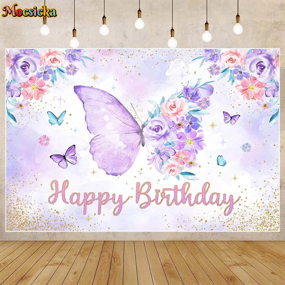 

Mocsicka Kids Birthday Backdrop Purple Butterfly Flower Girl Birthday Party Decor Photo Background Banner Photocall Props Custom