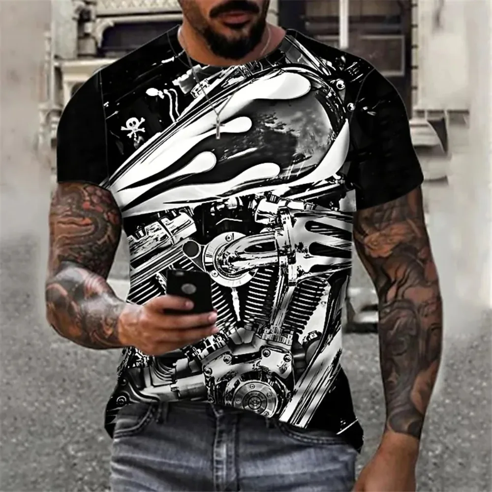 New Men's Retro Motorcycle Printed T-shirt 3d Printed Cyberpunk Short Sleeve Oversized Mechanical T-shirt Sports Top