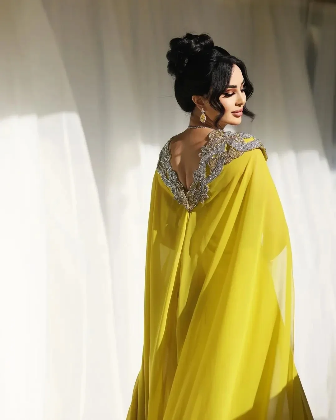 Arabia Arabia Customized Long Sleeves Beaded Chiffon Prom Dresses Square Neck Backless Floor Length Formal Evening Dresses