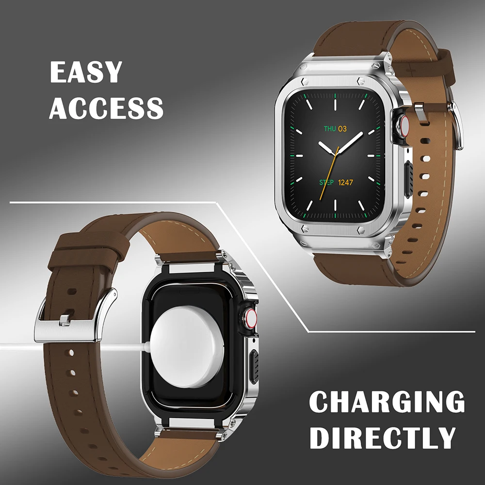 Metal Case+Genuine Leather Strap For Apple Watch Band 44mm 45mm 40mm 41mm 45 mm bracelet iwatch series se 8 7 6 5 4 ultra 49mm