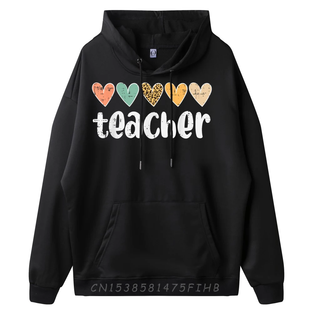 Teacher Hearts Leopard Love Appreciation Geek Hoodies Long Sleeve For Women Thanksgiving Day O Neck Hoodies Casual Coat Latest