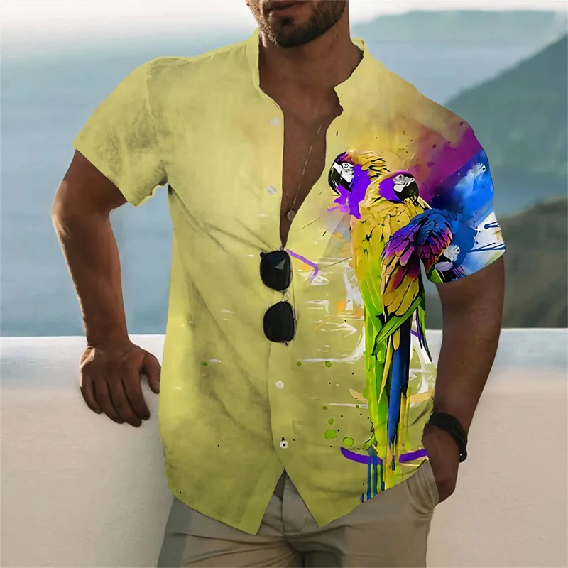 

Men's Colorful Bird 3D Printed Stand up Collar Button Shirt Fashion Hawaii Sunshine Beach Short Sleeve High Quality Men's Wear